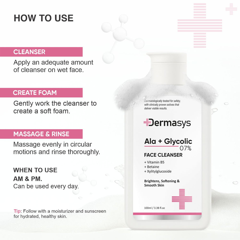 Dermasys glycolic acid face wash for glowing skin, smoother texture and visibly even skin tone