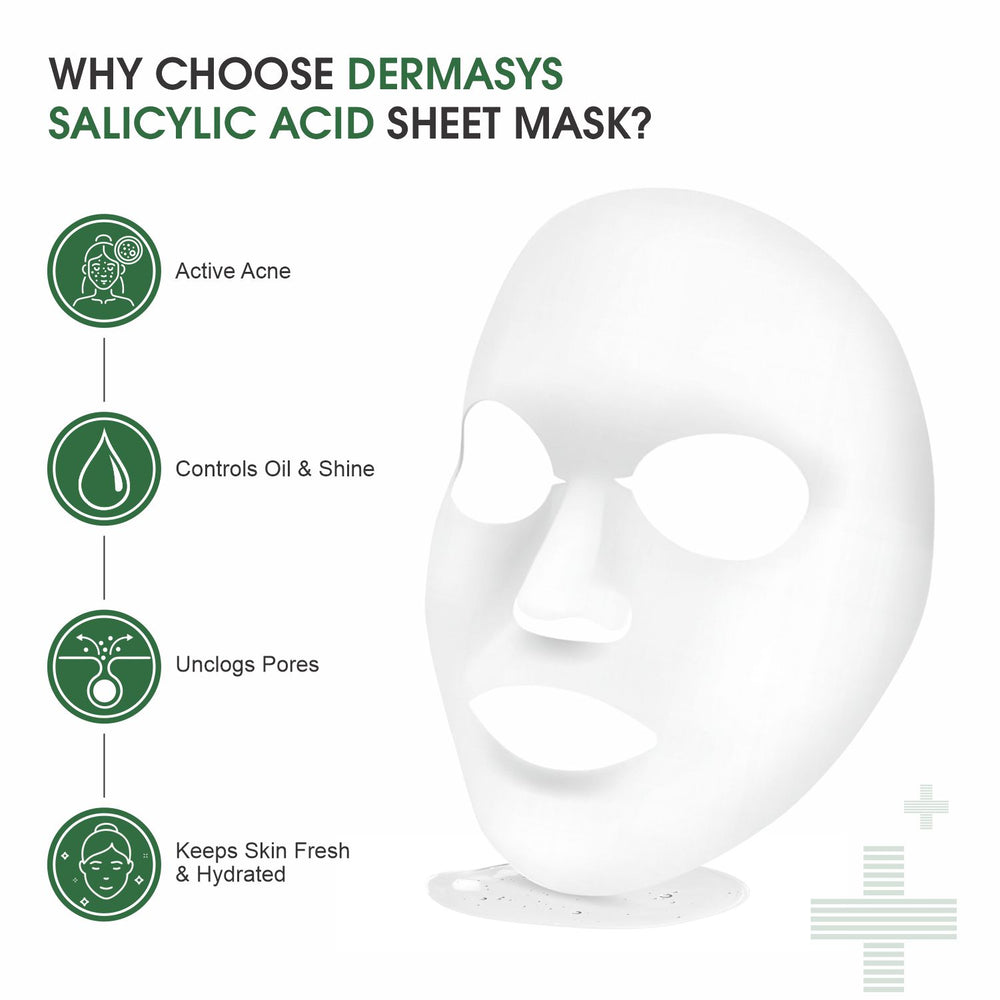 Dermasys Deep Cleansing Face Sheet Mask formulated with salicylic acid to target clogged pores and blackhead removal.