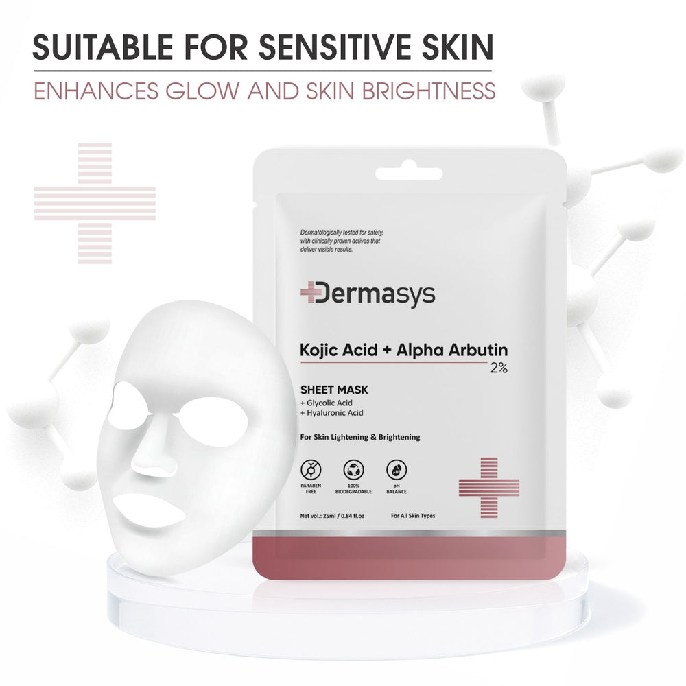 Dermasys 2% Kojic Acid and Alpha Arbutin Sheet Mask packaging for skin brightening and dark spot reduction.