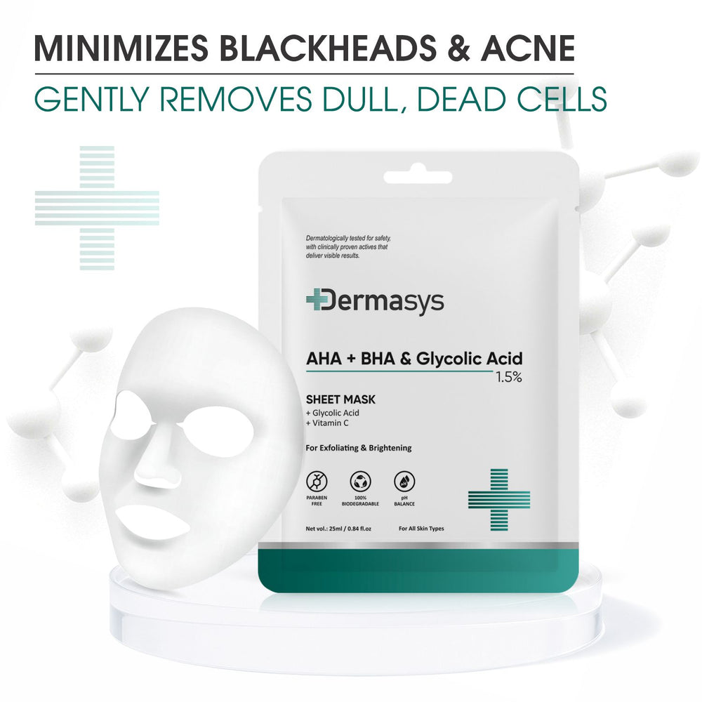 Dermasys AHA BHA Sheet Mask with Glycolic Acid 25ml for pore cleansing and exfoliation