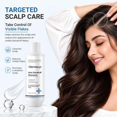 Woman showing her scalp beside Dermasys Anti Dandruff Shampoo for visible flakes
