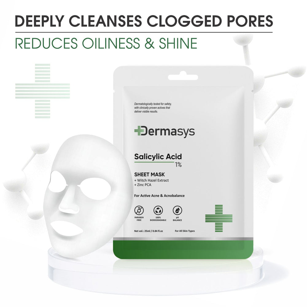 Dermasys Salicylic Acid Face Sheet Mask 25ml packaging designed for acne control and deep cleansing.