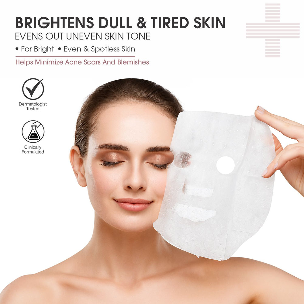 Dermasys glowing skin sheet mask with kojic acid and alpha arbutin for evening out uneven skin tone.