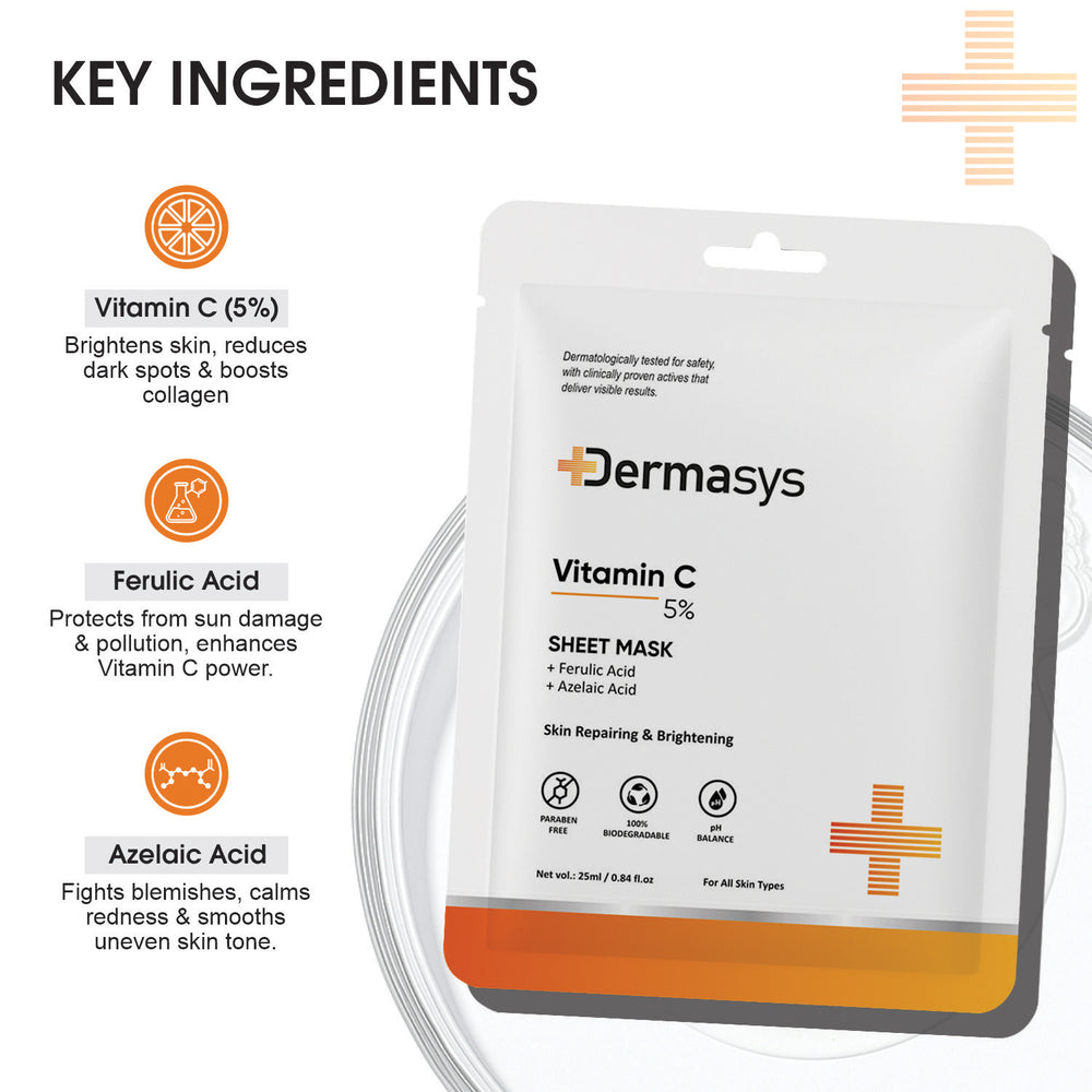 Vitamin C Face Sheet Mask for dark spots and uneven skin tone โ Dermasys 25ml