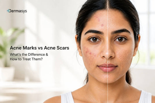 Acne marks vs acne scars comparison showing flat dark spots and pitted acne scars on facial skin