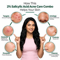 benefits of a 2% salicylic acid face wash and serum combo for acne, clogged pores, excess oil, redness, breakouts, and clearer-looking skin.