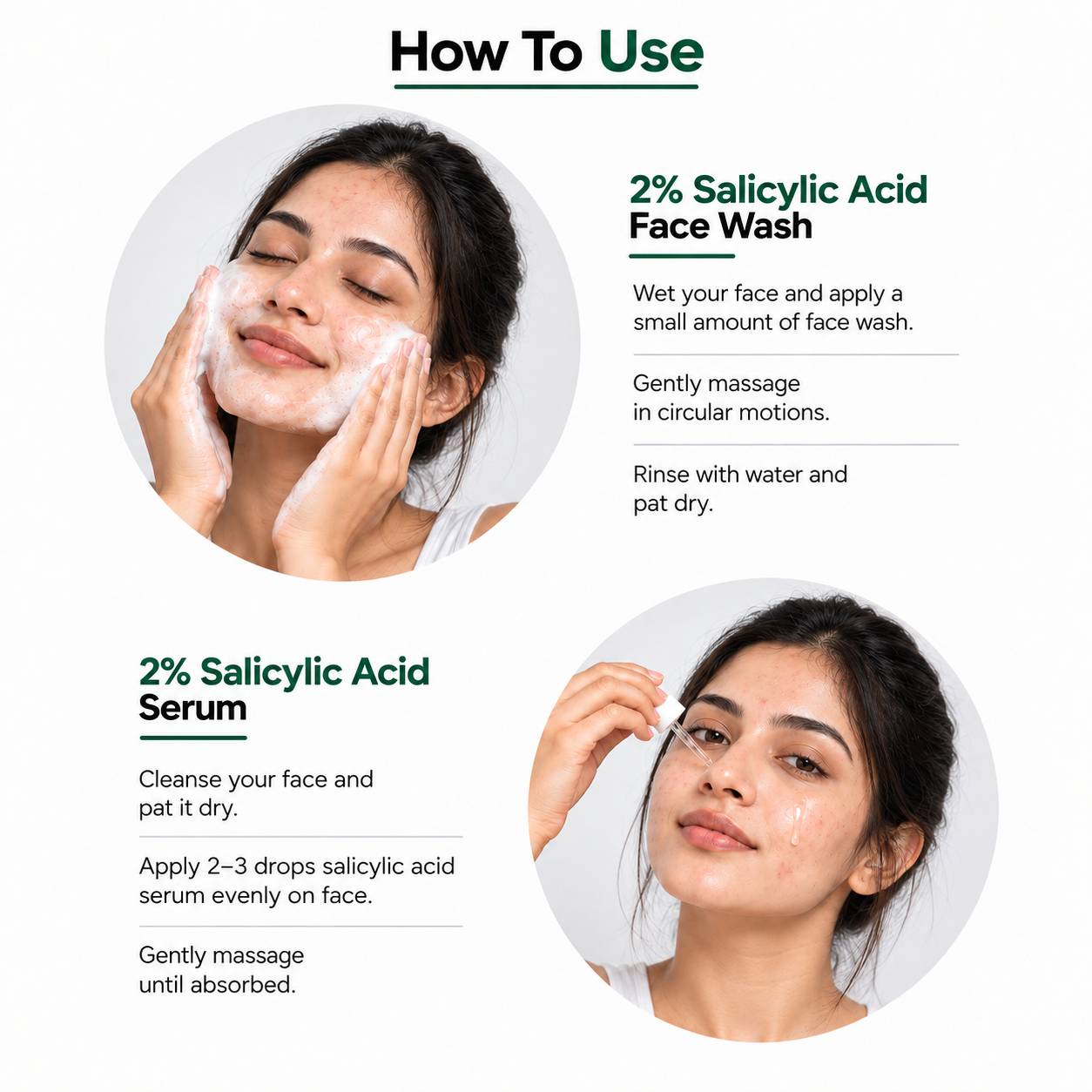 How to use 2% salicylic acid face wash and 2% salicylic acid serum combo, showing face cleansing, serum application, and massage steps for acne-prone skin.