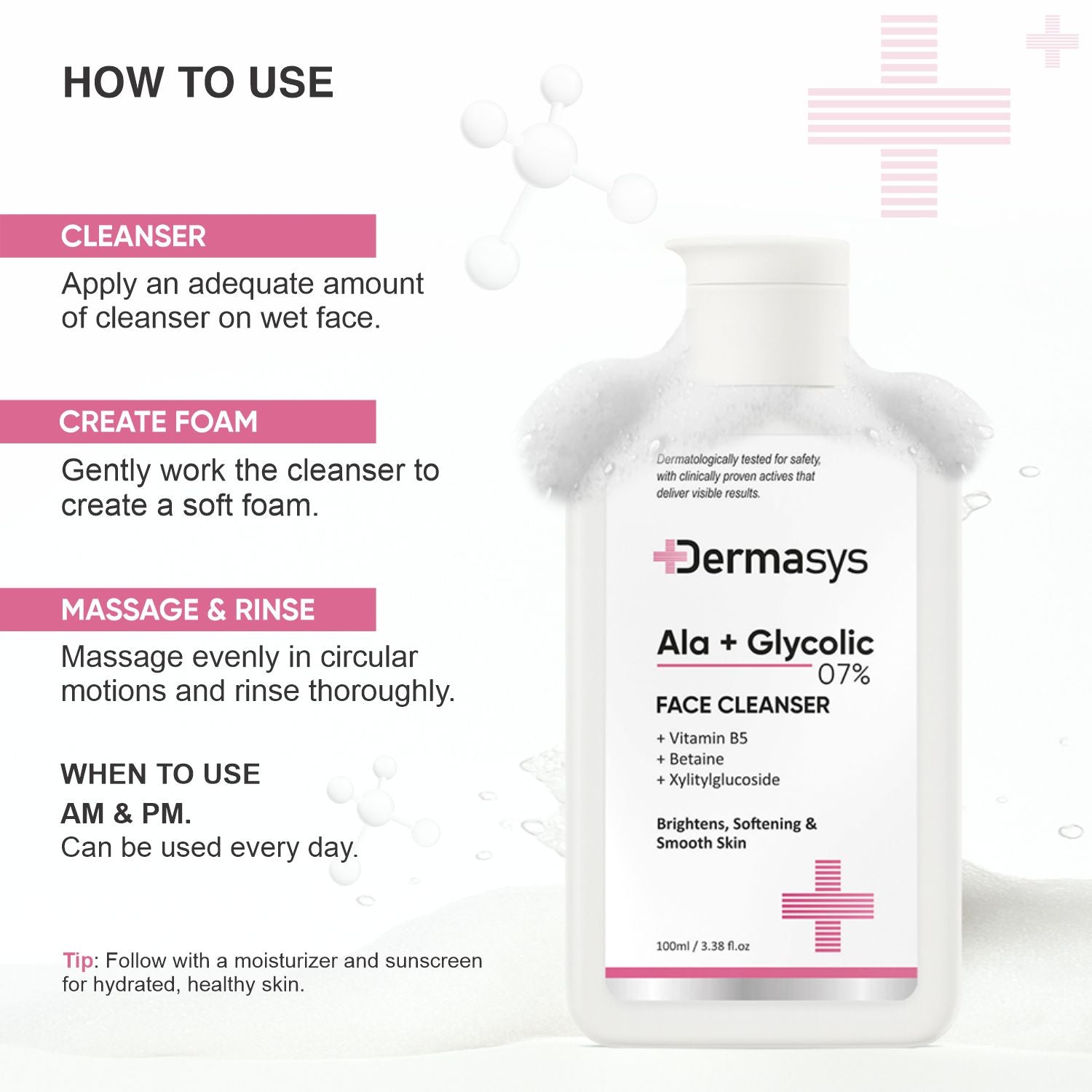 Dermasys glycolic acid face wash for glowing skin, smoother texture and visibly even skin tone