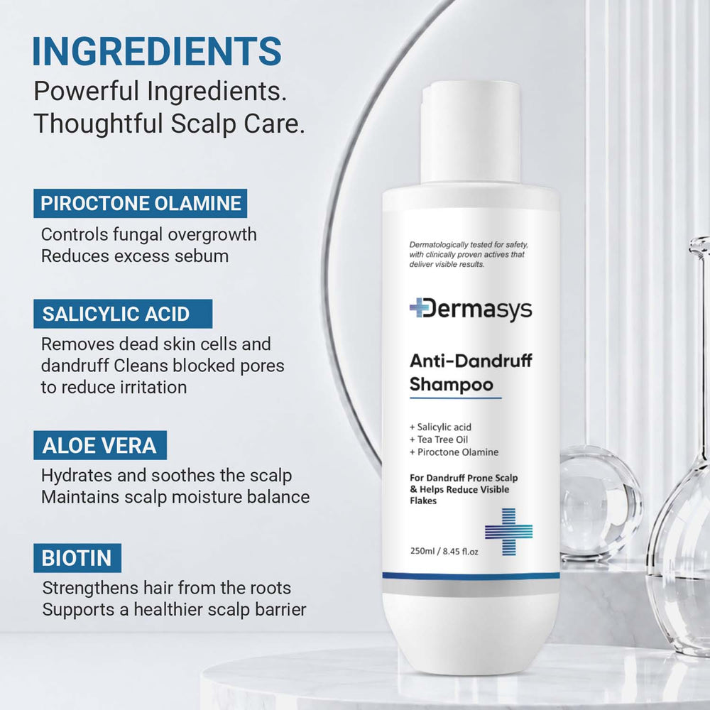 Dermasys Anti Dandruff Shampoo ingredient graphic featuring salicylic acid, piroctone olamine, aloe vera and biotin