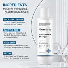 Dermasys Anti Dandruff Shampoo ingredient graphic featuring salicylic acid, piroctone olamine, aloe vera and biotin