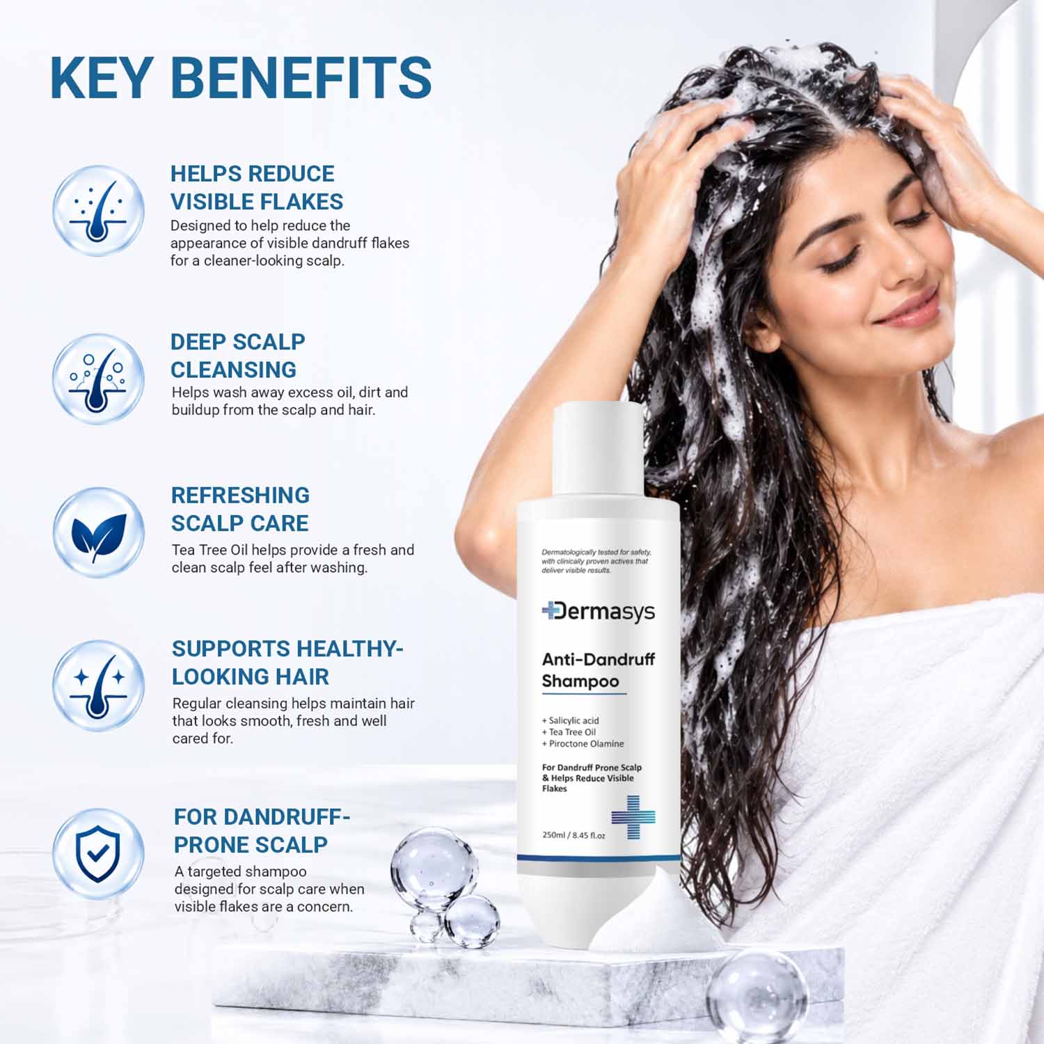 Woman washing her hair beside Dermasys Anti Dandruff Shampoo benefits for visible flakes and excess oil