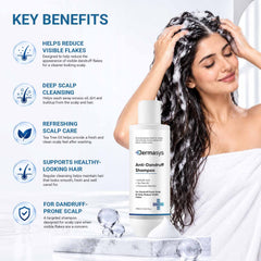 Woman washing her hair beside Dermasys Anti Dandruff Shampoo benefits for visible flakes and excess oil
