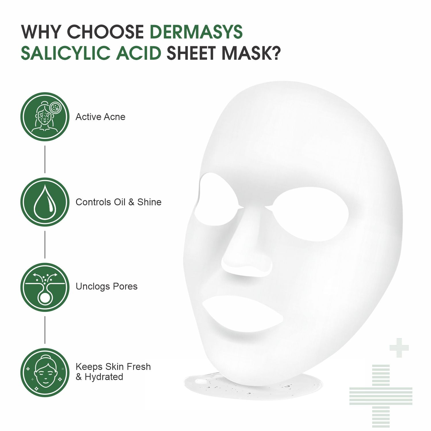 Dermasys Deep Cleansing Face Sheet Mask formulated with salicylic acid to target clogged pores and blackhead removal.