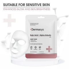 Dermasys 2% Kojic Acid and Alpha Arbutin Sheet Mask packaging for skin brightening and dark spot reduction.