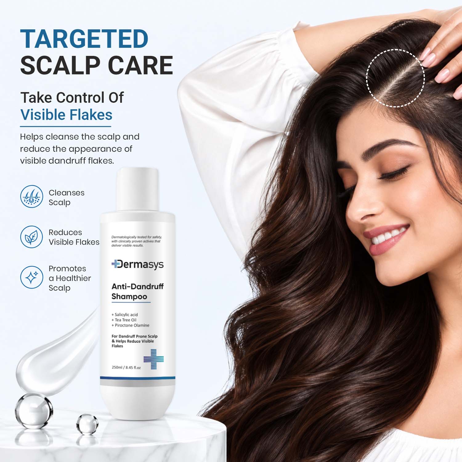 Woman showing her scalp beside Dermasys Anti Dandruff Shampoo for visible flakes