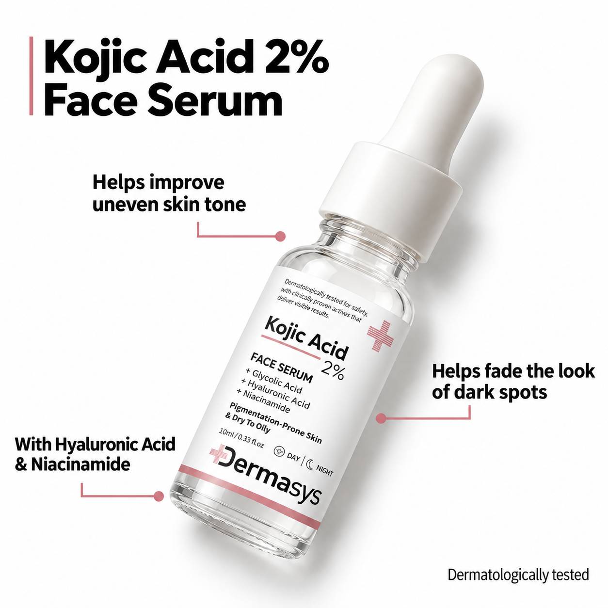 Dermasys Kojic Acid 2% face serum 10ml with hyaluronic acid and niacinamide for dark spots and uneven skin tone