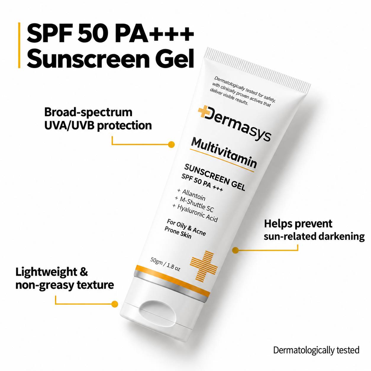 Dermasys Multivitamin sunscreen gel SPF 50 PA+++ 50gm for oily and acne prone skin with broad-spectrum protection