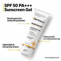 Dermasys Multivitamin sunscreen gel SPF 50 PA+++ 50gm for oily and acne prone skin with broad-spectrum protection