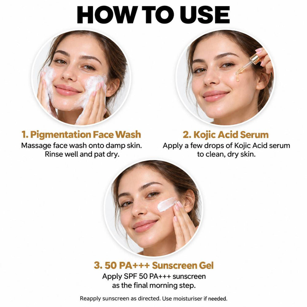 How to use Dermasys pigmentation kit: face wash, Kojic Acid serum and SPF 50 PA+++ sunscreen gel routine