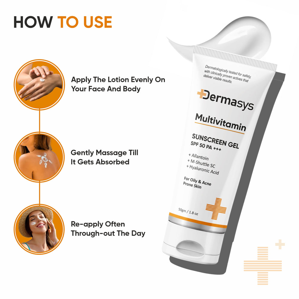 Dermasys sun protection gel SPF 50 PA+++ with UVA UVB shield for daily sun care and skin protection