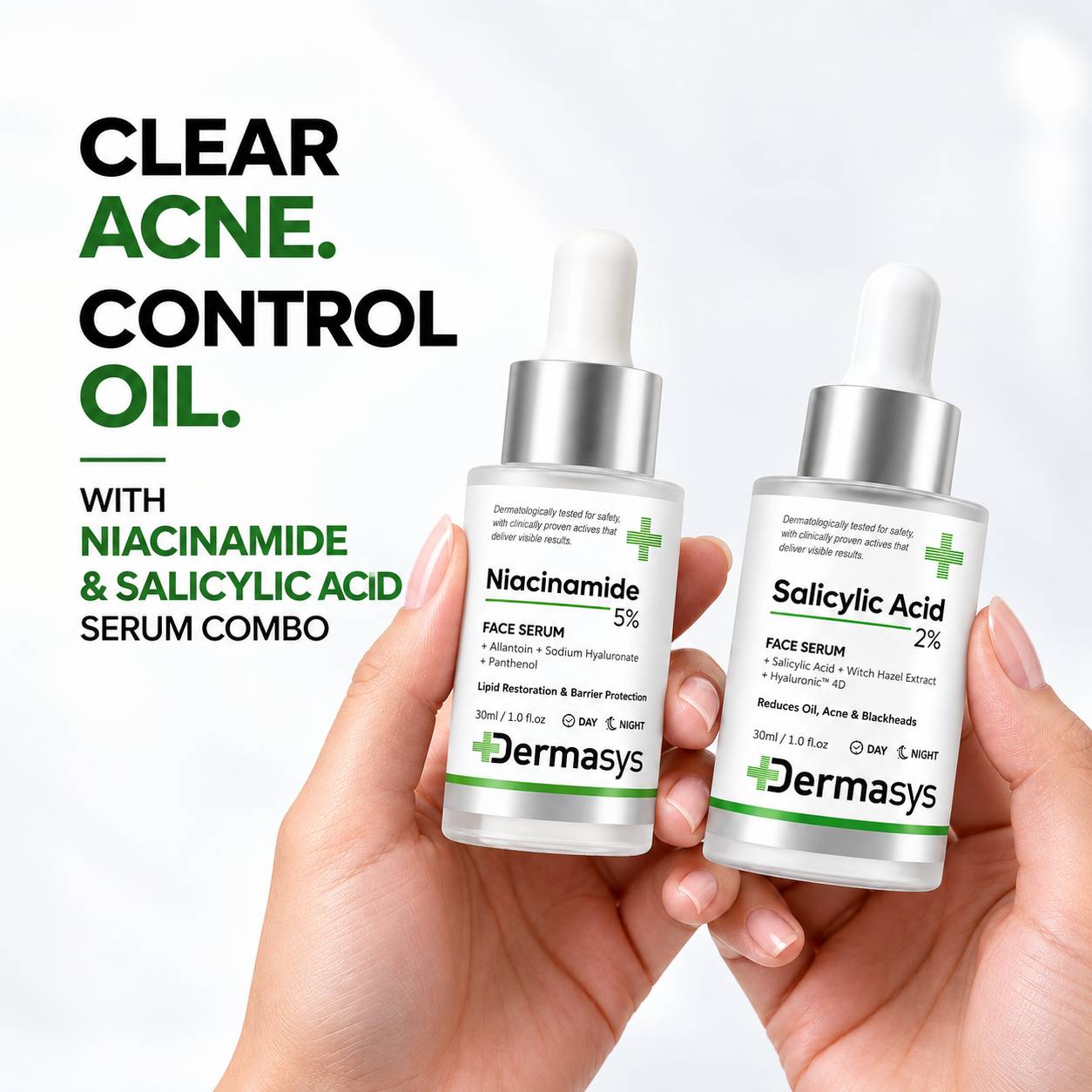 Dermasys Niacinamide 5% and Salicylic Acid 2% serum combo for acne-prone and oily skin
