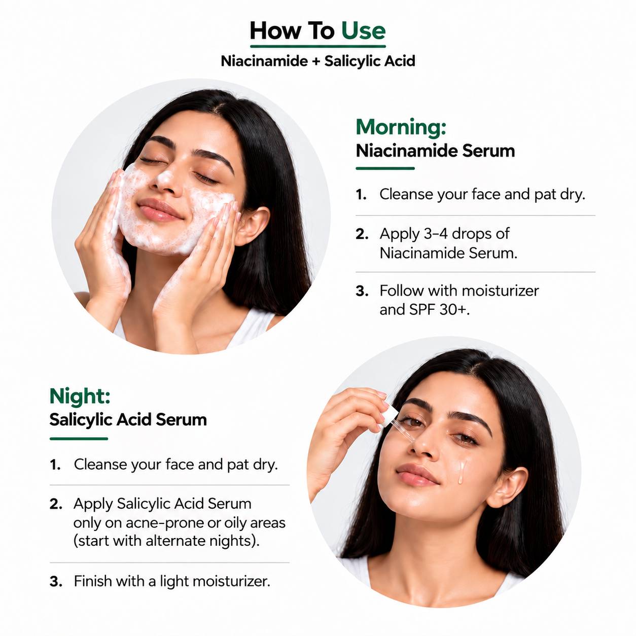 How to use 5% niacinamide and 2% salicylic acid serum combo in morning and night skincare routine