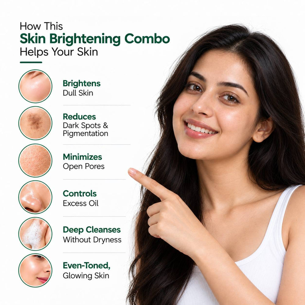 Young woman with clear, glowing skin pointing to a skincare infographic showing how a skin brightening combo helps brighten dull skin, reduce dark spots and pigmentation, minimize open pores, control excess oil, deep cleanse without dryness, and support even-toned, glowing skin.
