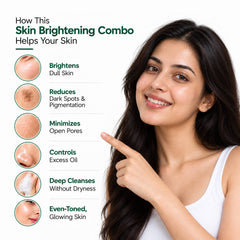 Young woman with clear, glowing skin pointing to a skincare infographic showing how a skin brightening combo helps brighten dull skin, reduce dark spots and pigmentation, minimize open pores, control excess oil, deep cleanse without dryness, and support even-toned, glowing skin.
