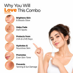 Vitamin C Serum and SPF 50+ Sunscreen benefits for glow, dark spots, hydration, even skin tone and sun protection